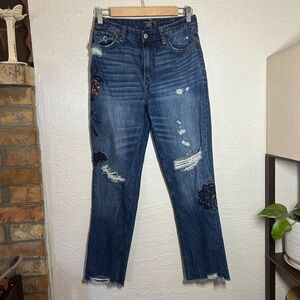 Abercrombie & Fitch Dark Blue Straight Leg Jeans with Embroidered Florals